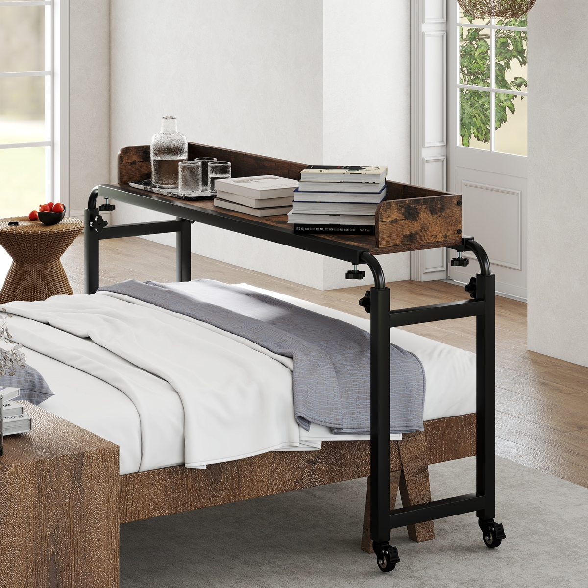 JV12462CF Overbed Desk with Wheels Mobile Bed Desk with Adjustable Height, Brown - Queen Size