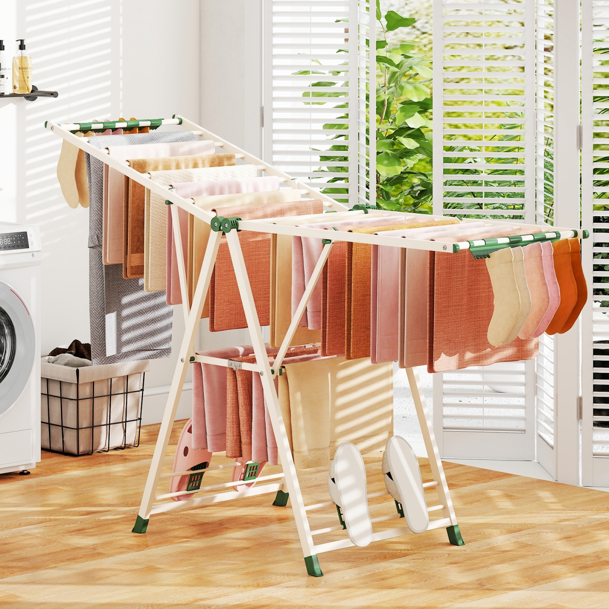 JZ10331BE 72.5 in. Clothes Drying Rack with Height Adjustable Wings, Beige