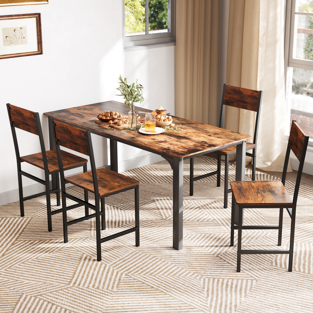 KC57401CF-4 Dining Chairs with Metal Legs & Slanted Back, Rustic Brown - Set of 4