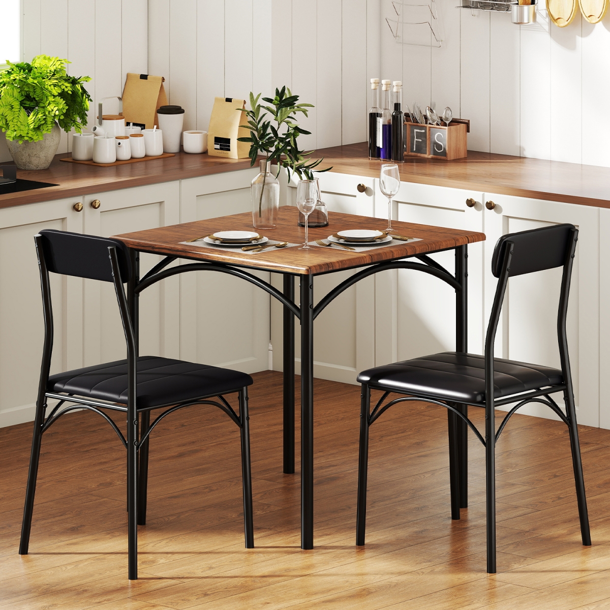 KC58117CF Dining Set - Square Kitchen Table with 2 Chairs, Rustic Brown - 3 Piece