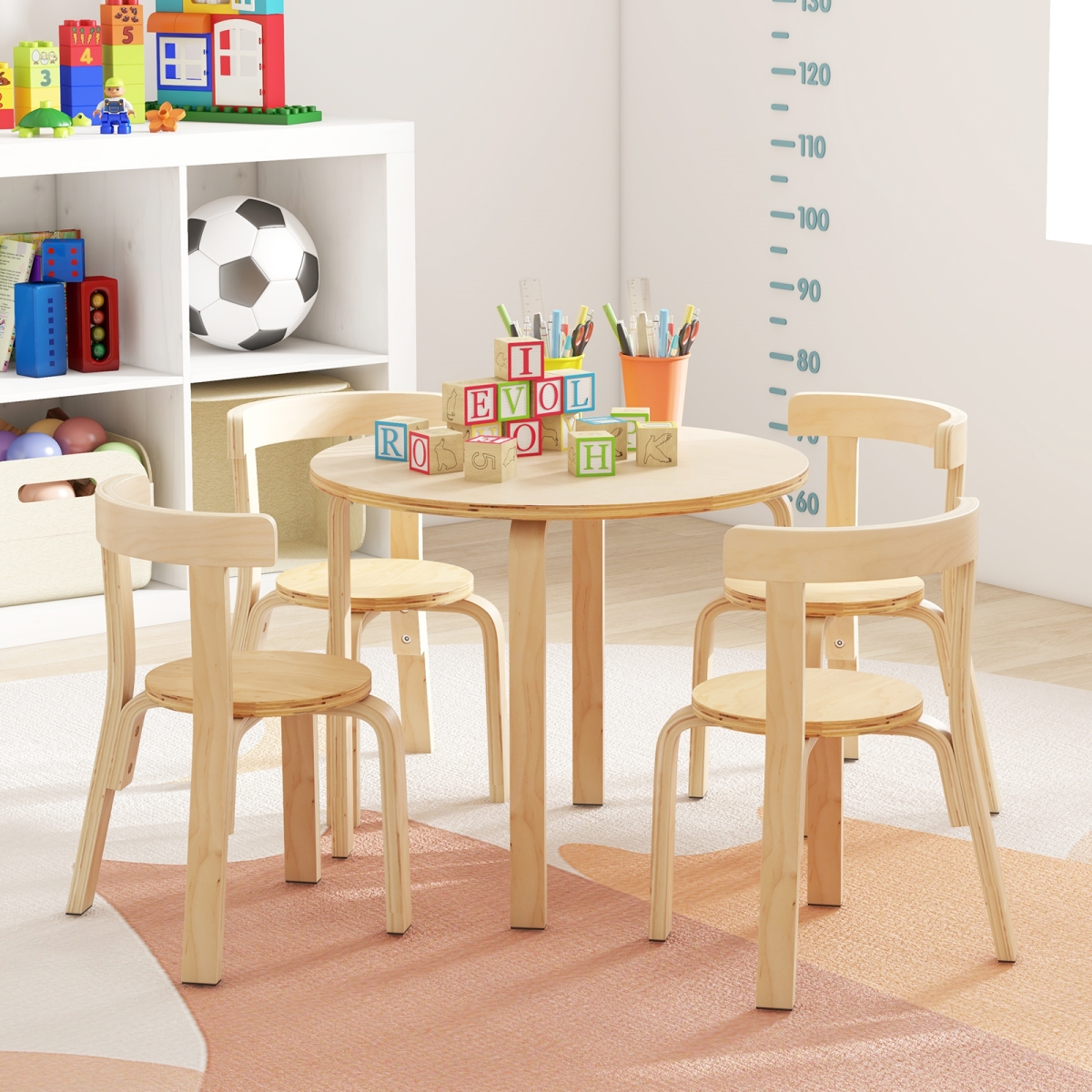 TE-HY10044NA Kids Wooden Activity Table & Chair Set with Curved Backs & Toy Bricks, Natural - 5 Piece