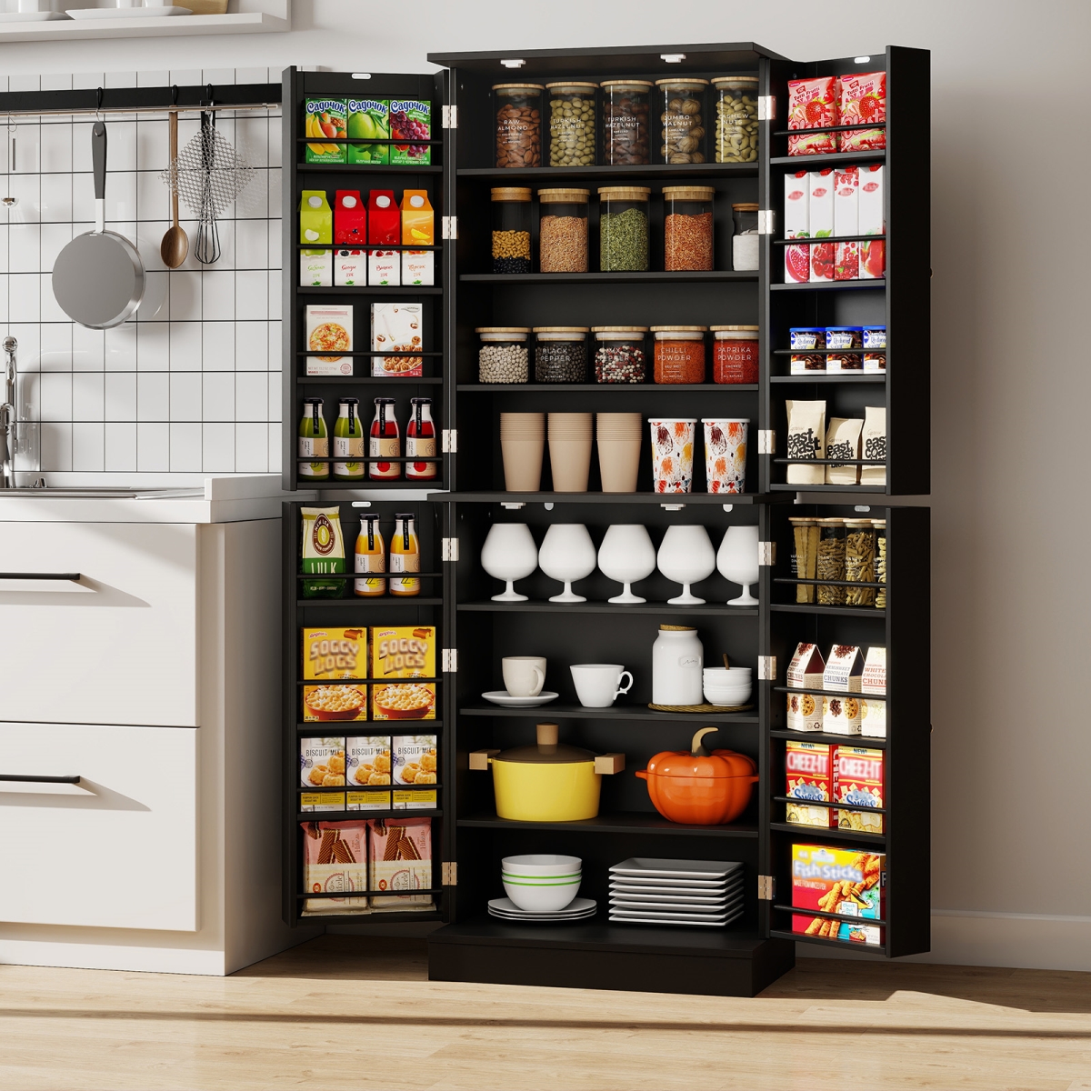 KC58349DK 65.5 in. Kitchen Pantry Cabinet - Freestanding Tall Buffet Cupboard, Black