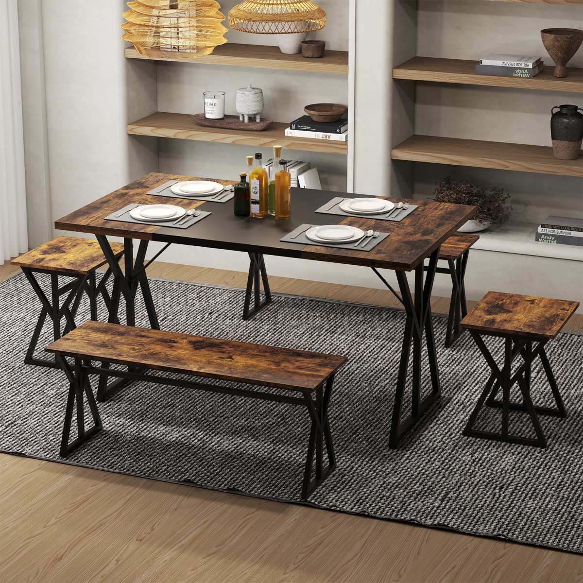KC58406CF Industrial Dining Room Set - Rectangular Table with 2 Benches & 2 Stools, Rustic Brown - 5 Piece