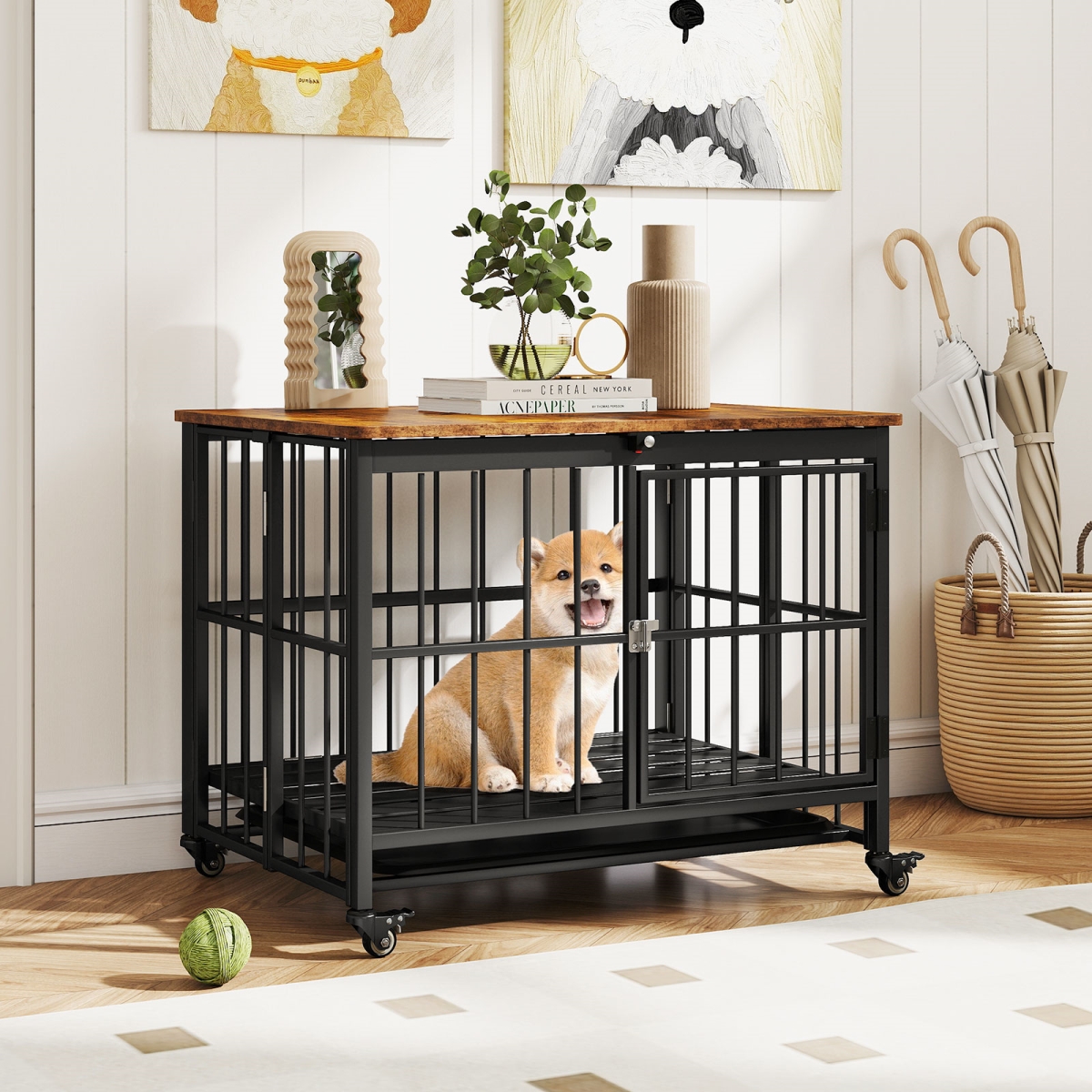 PU10075DK Foldable Dog Crate Furniture with Removable Tray & Lockable Door, Rustic Brown & Black - Small