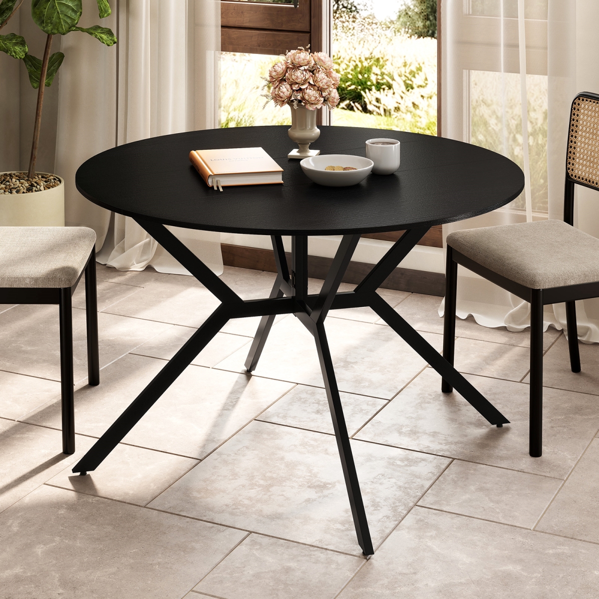 JV12721BK 47 in. Folding Dining Table - Extendable Round Kitchen Table with Drop Leaves, Black