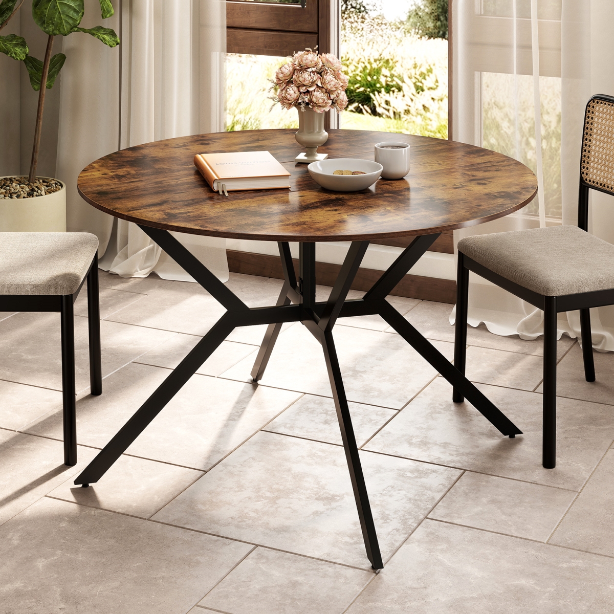 JV12721CF 47 in. Folding Dining Table - Extendable Round Kitchen Table with Drop Leaves, Rustic Brown