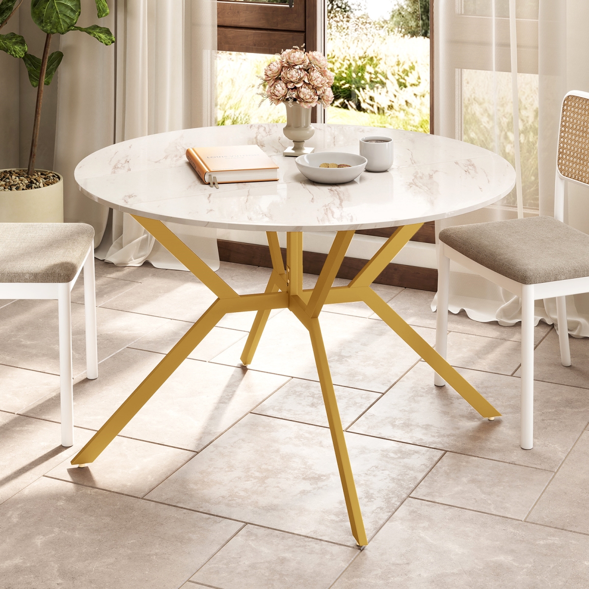 JV12721WH 47 in. Folding Dining Table - Extendable Round Kitchen Table with Drop Leaves, White