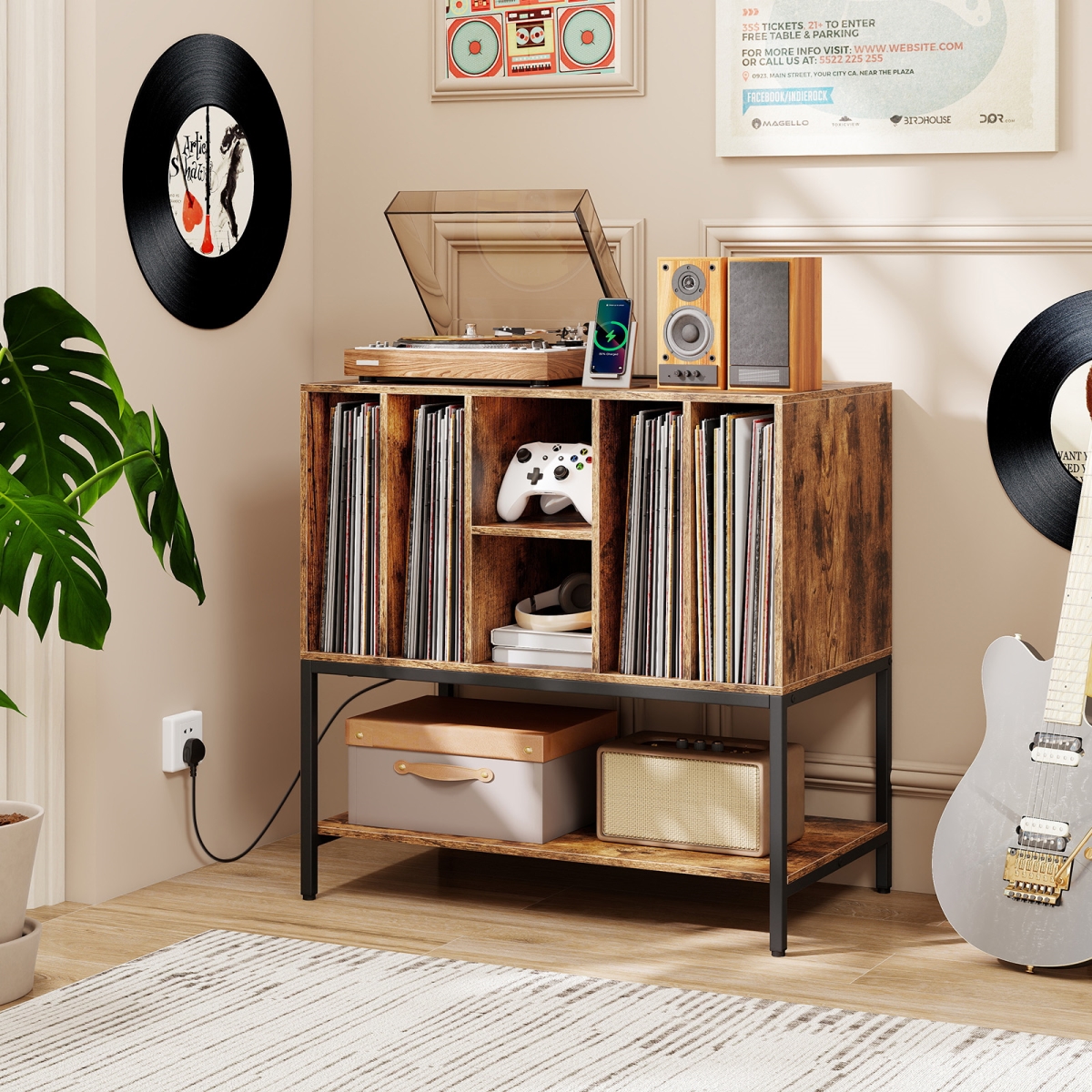 JV12742US-CF Record Player Stand with Charging Station & Metal Frame, Rustic Brown