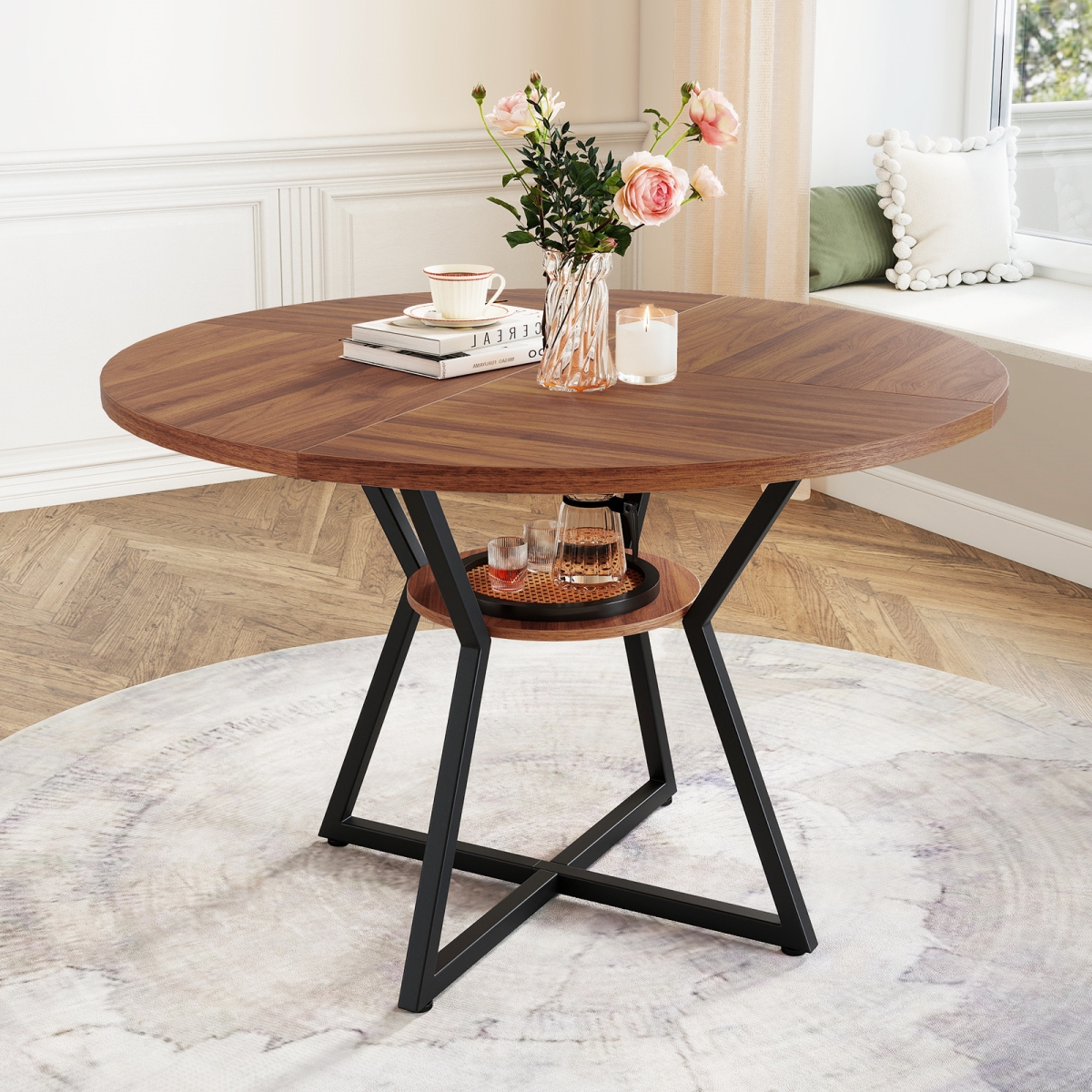 JV12900BN 47 in. Round Dining Table for 4 with Storage Shelf, Brown