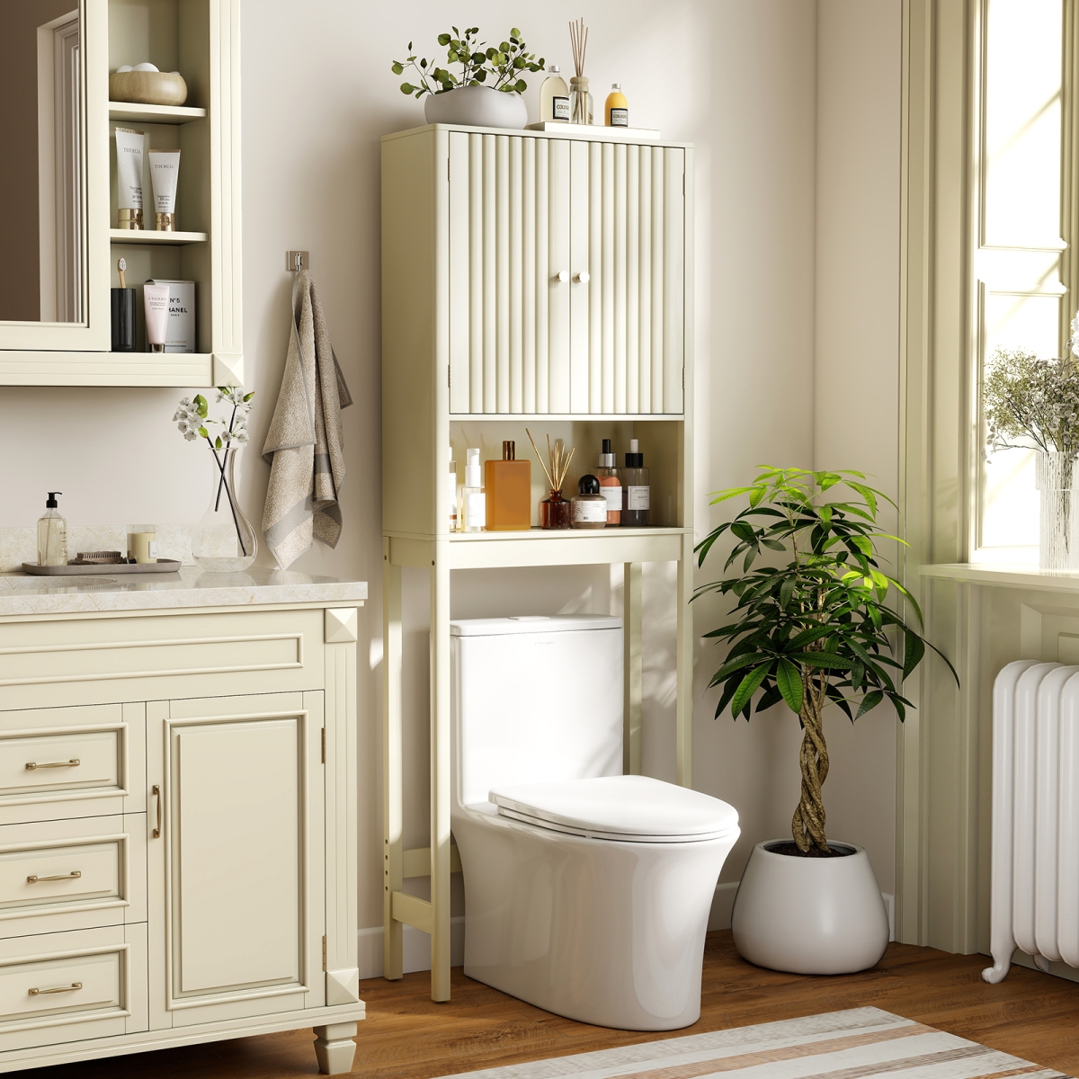 JV12943BE Over the Toilet Storage Cabinet with Fluted Doors, Beige
