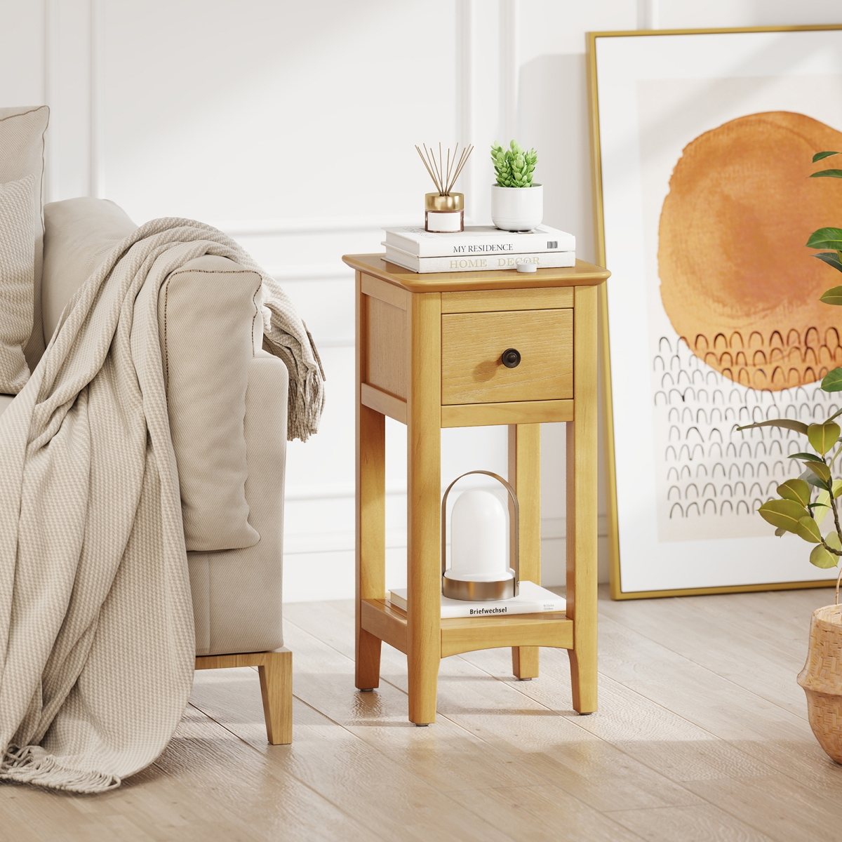 JV13190NA 3-Tier Nightstand with Drawer & Open Storage Shelf, Natural