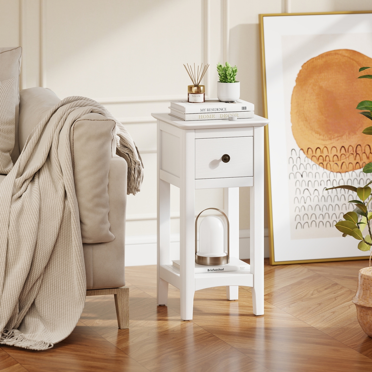 JV13190WH 3-Tier Nightstand with Drawer & Open Storage Shelf, White