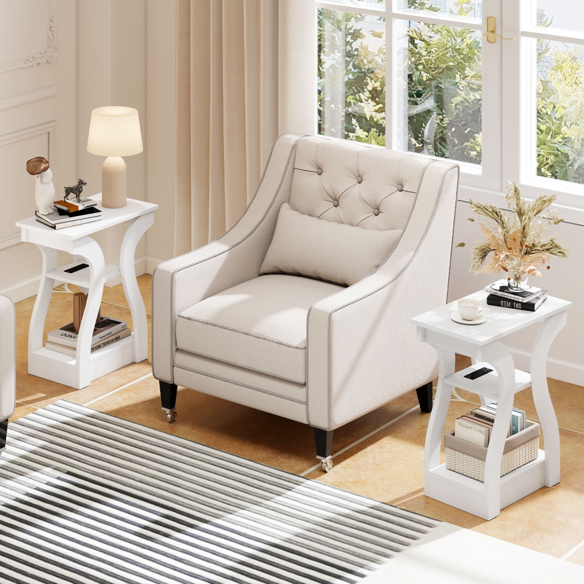 JV12777US-2WH 3-Tier End Tables with Charging Station with Open Storage Shelves, White - Set of 2