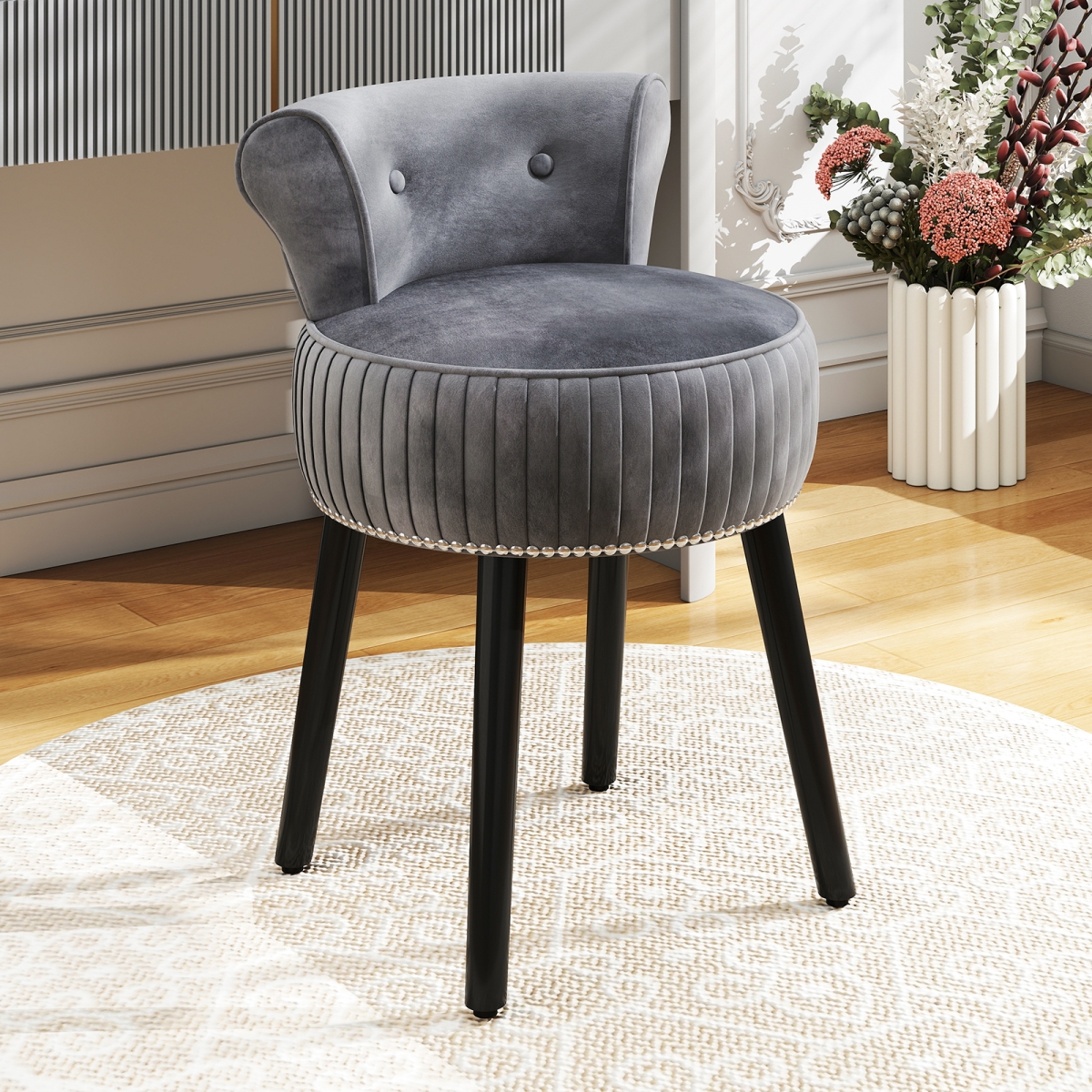 JV13275GR Velvet Vanity Chair with Back Upholstered Vanity Stool with Tufted Low Back & Solid Wood Legs, Gray