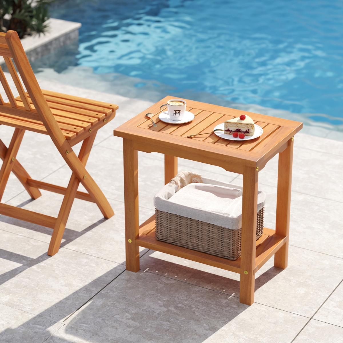JV13320 2-Tier Outdoor Acacia Wood Side Table with Slatted Tabletop & Storage Shelf, Natural