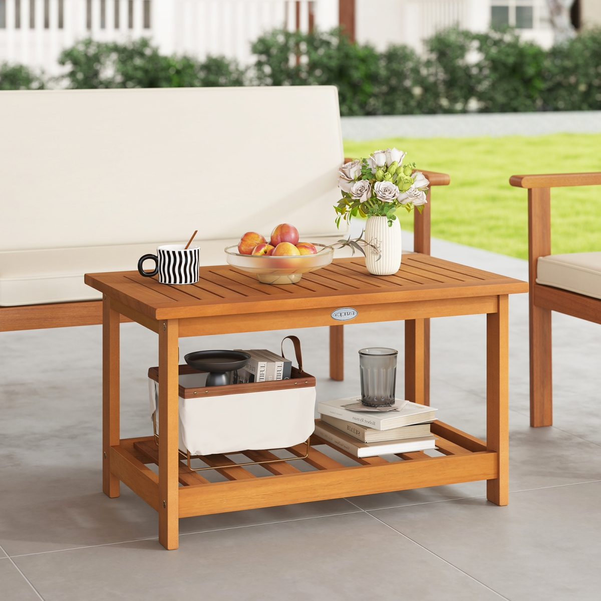 JV13323 Patio Acacia Wood Coffee Table - 2-Tier Rectangular Center Table, Natural