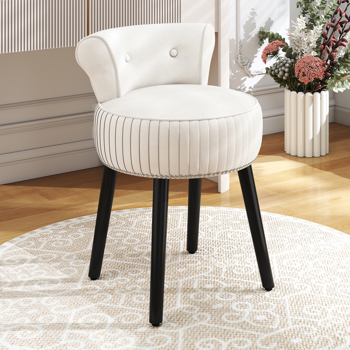 JV13275WH Velvet Vanity Chair with Back Upholstered Vanity Stool with Tufted Low Back & Solid Wood Legs, White