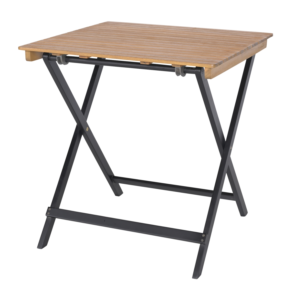 JV13348 28 in. Patio Folding Square Table with Slatted Tabletop for Backyard Porch, Natural & Black