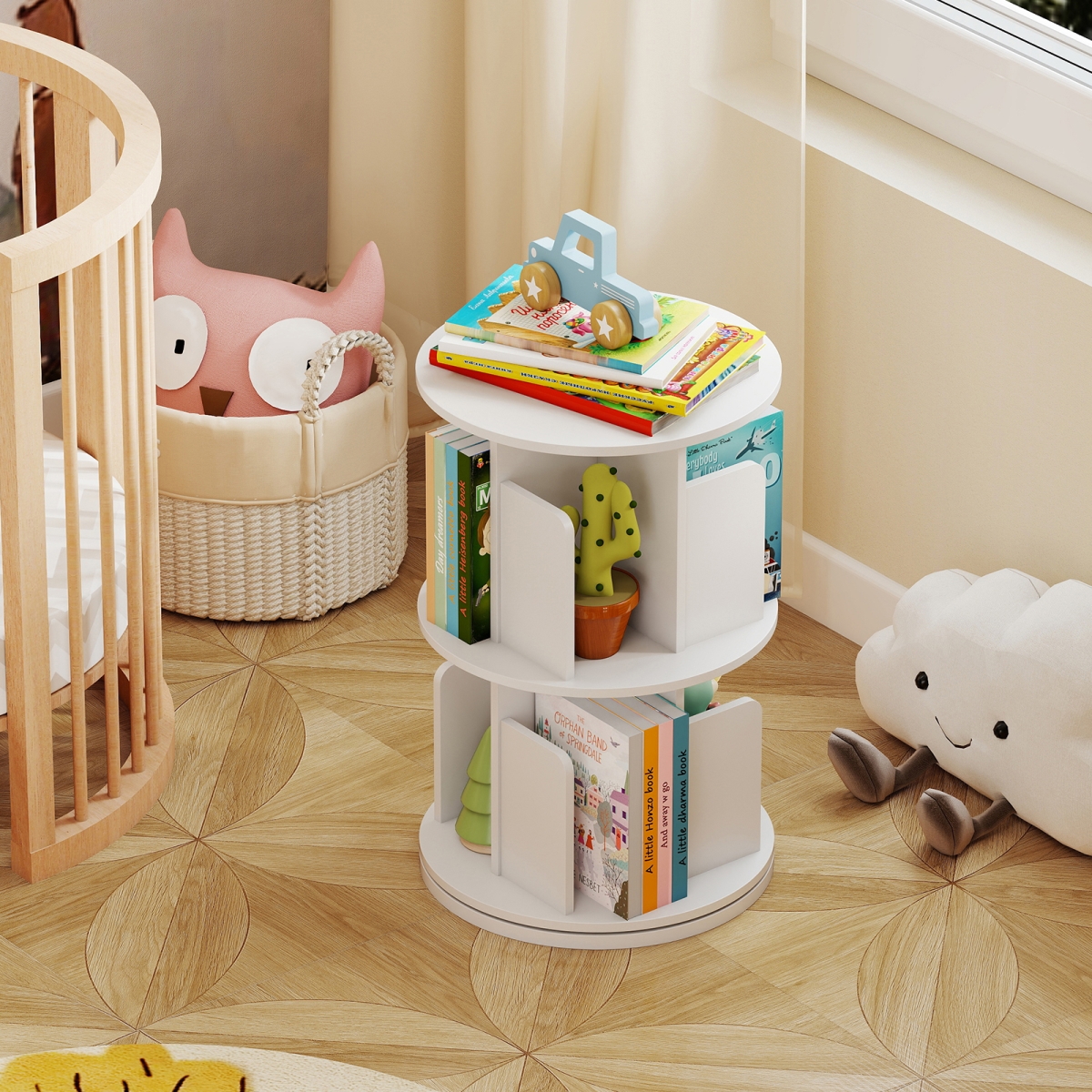 JV13364WH 2-Tier Rotating Bookshelf with Dividers & Anti-Falling Baffles, White