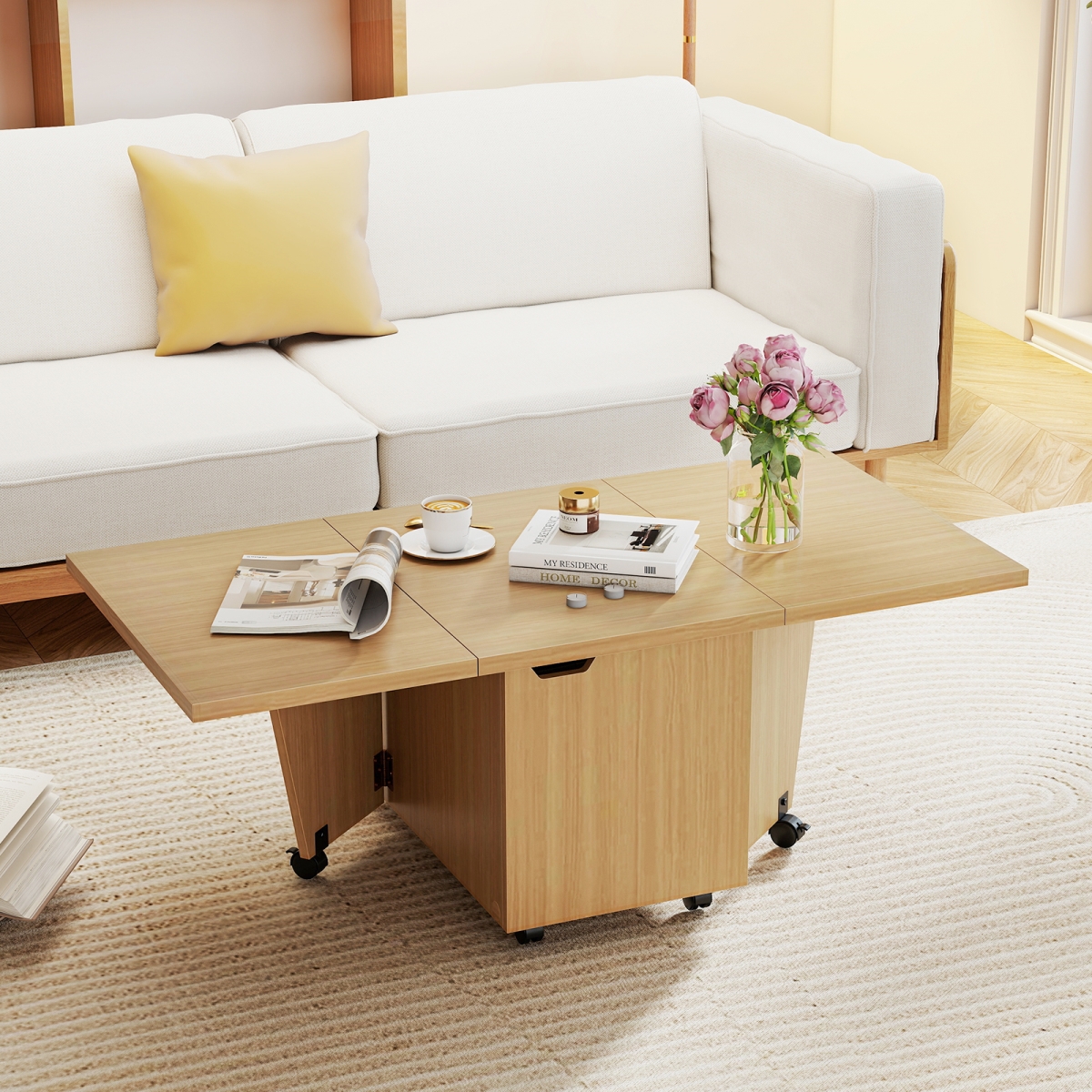 JV13393OA Foldable Coffee Table with Storage Cabinet Extendable Center Table, Oak