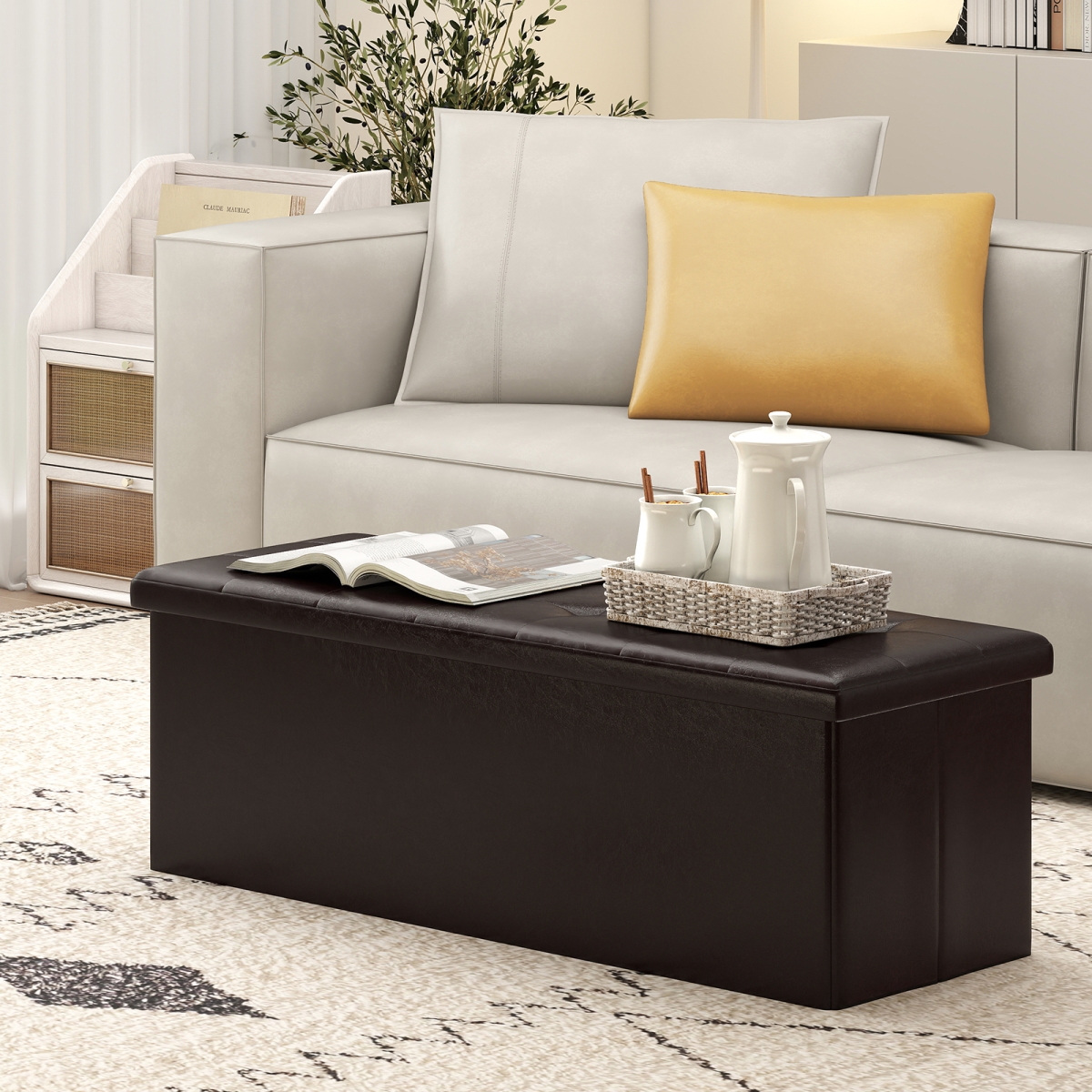 JV13399BN 43 in. Folding Storage Ottoman Bench - End-of-Bed Footrest Stool, Brown