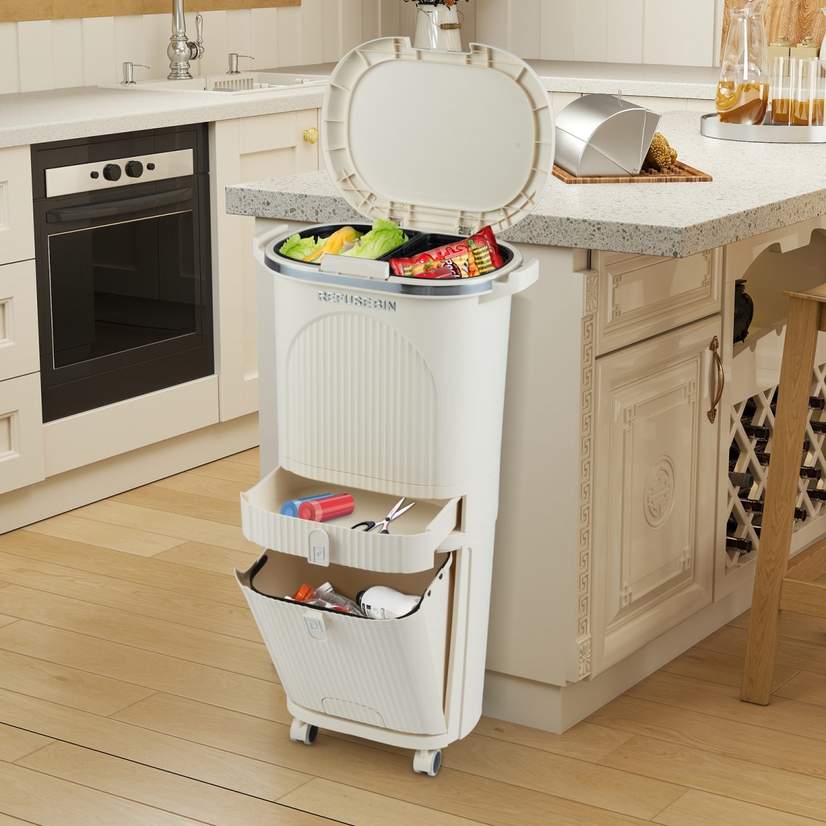 JV13521BE 11 gal 3-Layer Kitchen Trash Can with Lid & 2 Removable Buckets, Beige