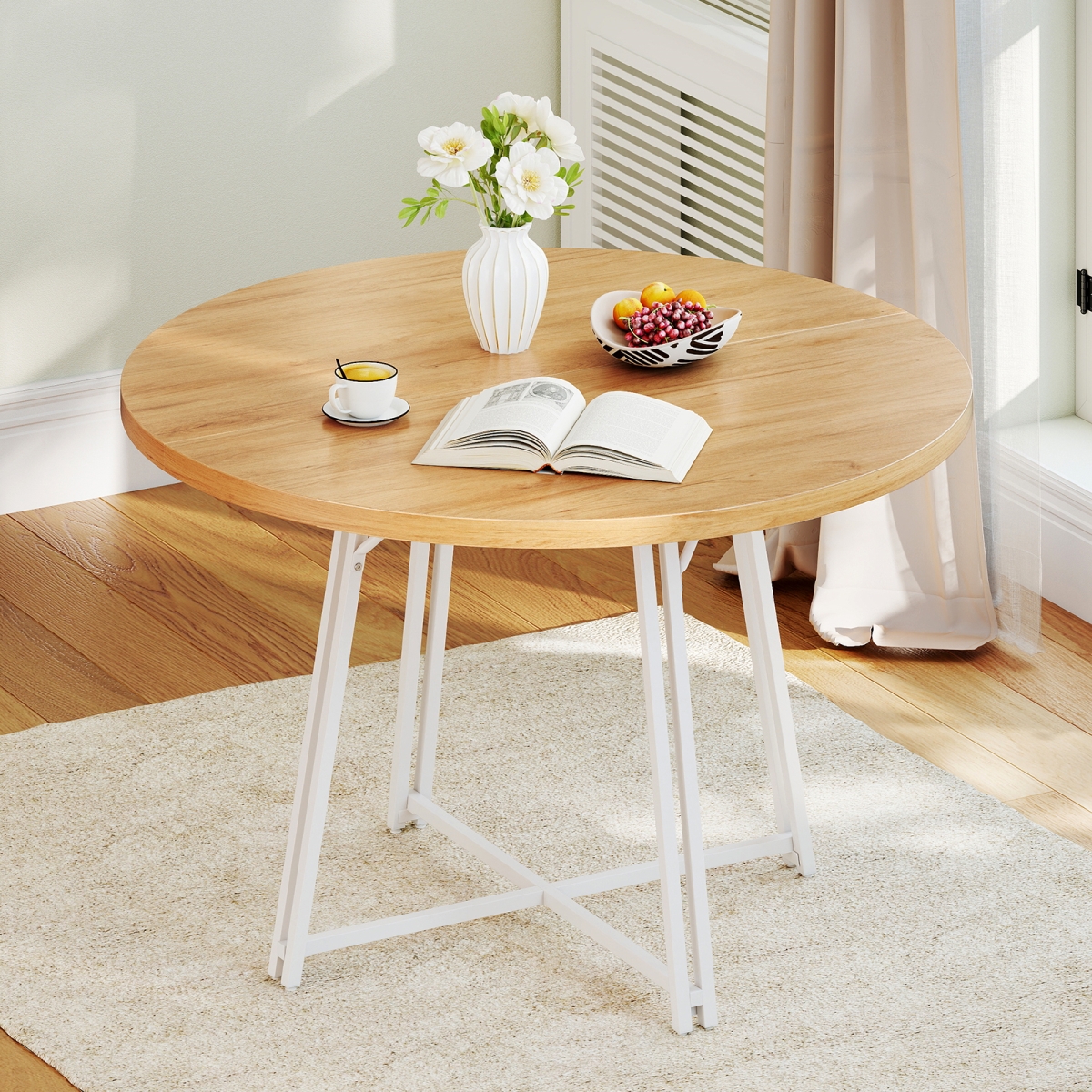 KC58202NA 47 in. Dining Table for 4-6 People Round Kitchen Table with Cross Base, Natural