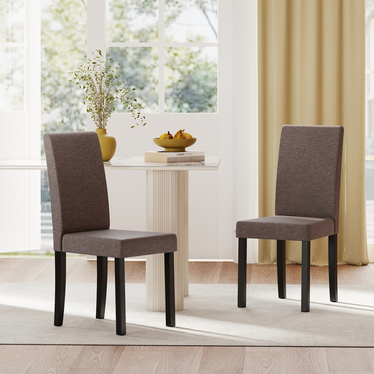 KC58604BN Dining Chair - Mid-Century Modern Fabric Upholstered Parson Chairs, Brown - Set of 2