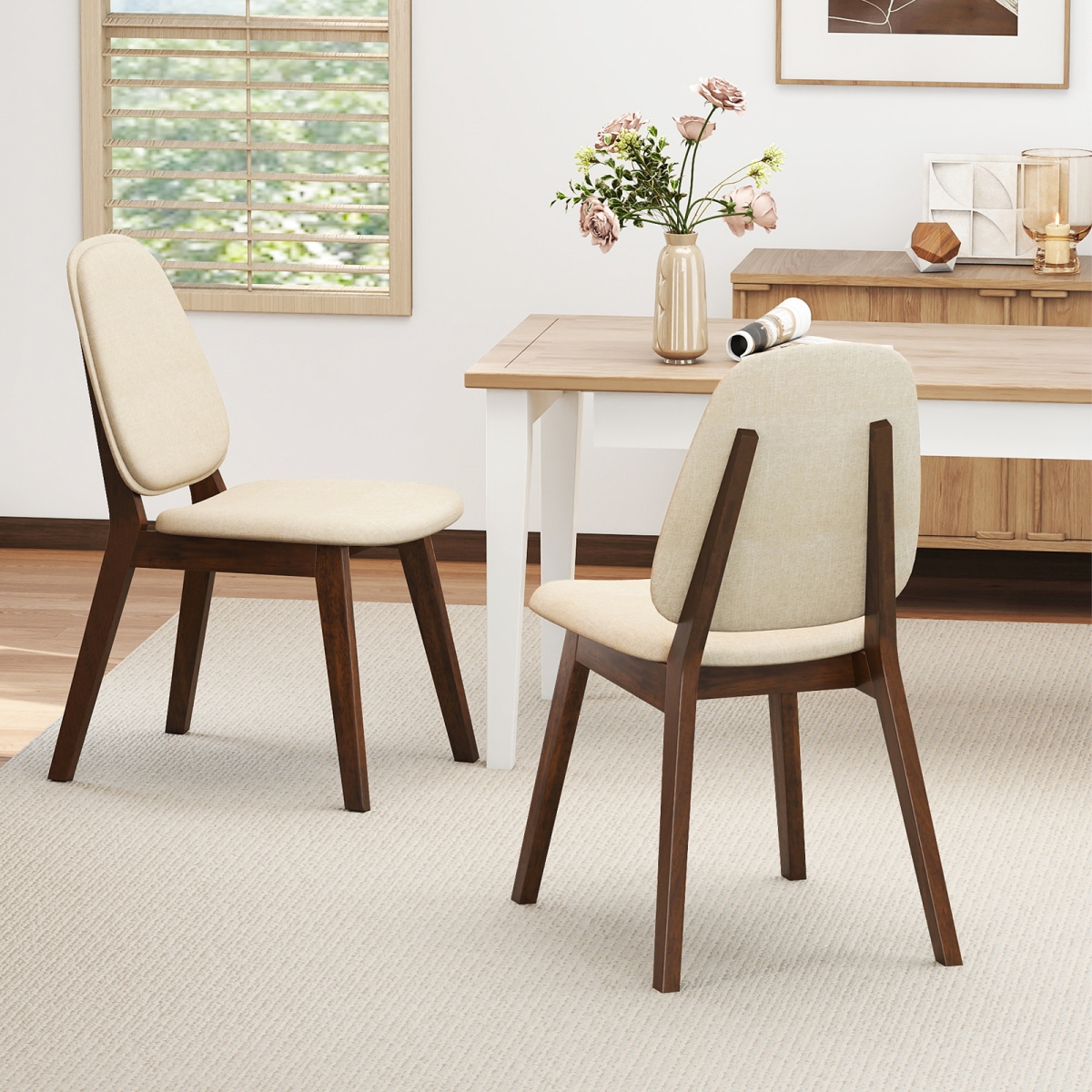 KC59232BN-2 Wooden Dining Chair - Mid-Century Modern Upholstered Side Armless Chair, Brown - Set of 2