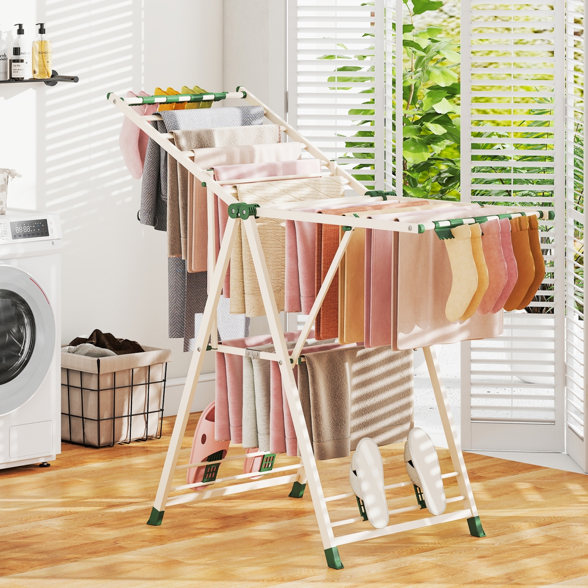 JZ10329BE Clothes Drying Rack with Height Adjustable Wings, Beige