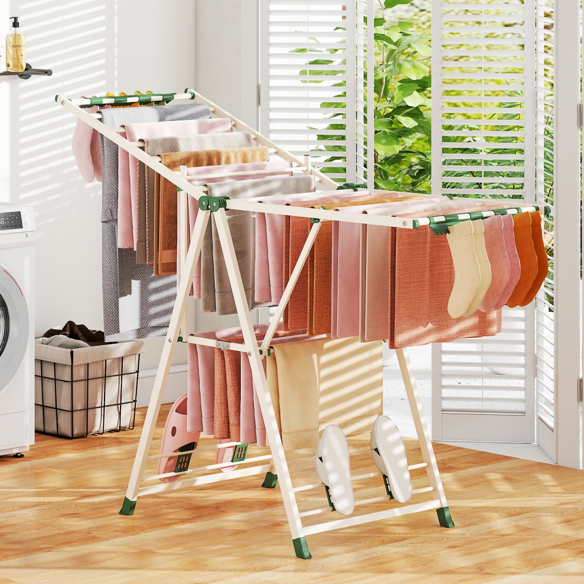 JZ10330BE 64 in. Clothes Drying Rack with Height Adjustable Wings, Beige