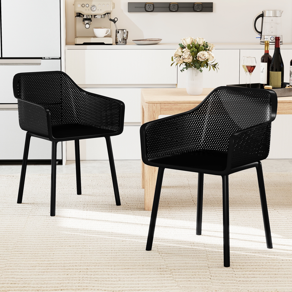 KC58458DK-2 Modern Plastic Dining Chairs - Kitchen Armchairs with Breathable Mesh Backrest, Black - Set of 2