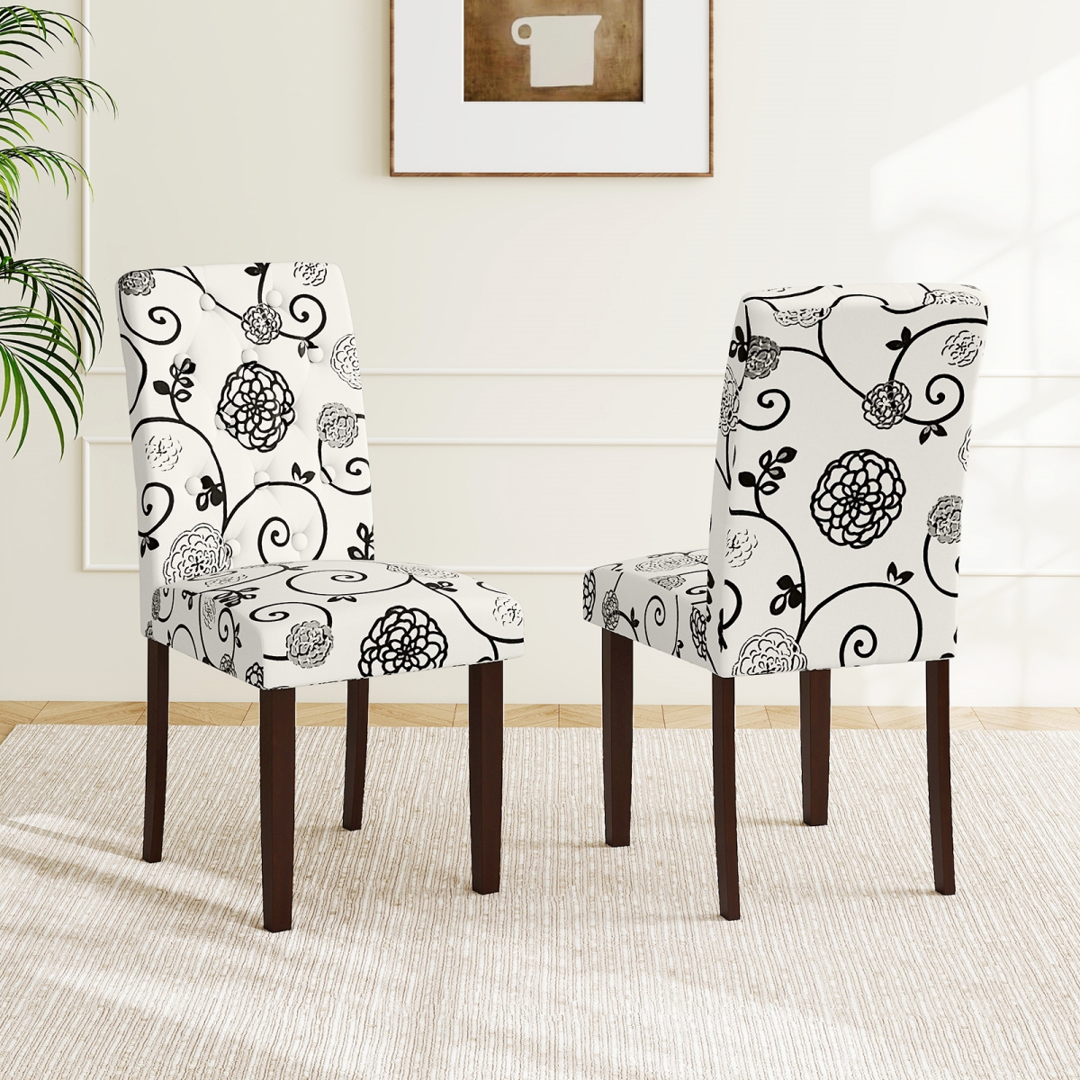 KC58562BE Button Tufted Fabric Upholstered Wooden Dining Chair with High Curved Back, Beige - Set of 2
