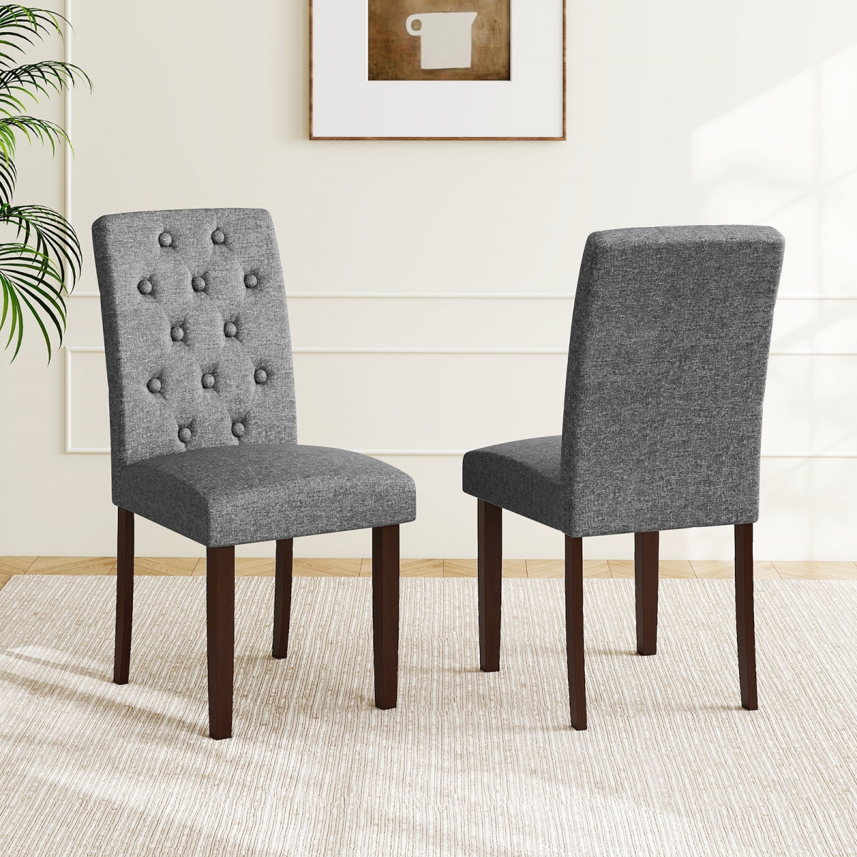 KC58562GR Button Tufted Fabric Upholstered Wooden Dining Chair with High Curved Back, Gray - Set of 2
