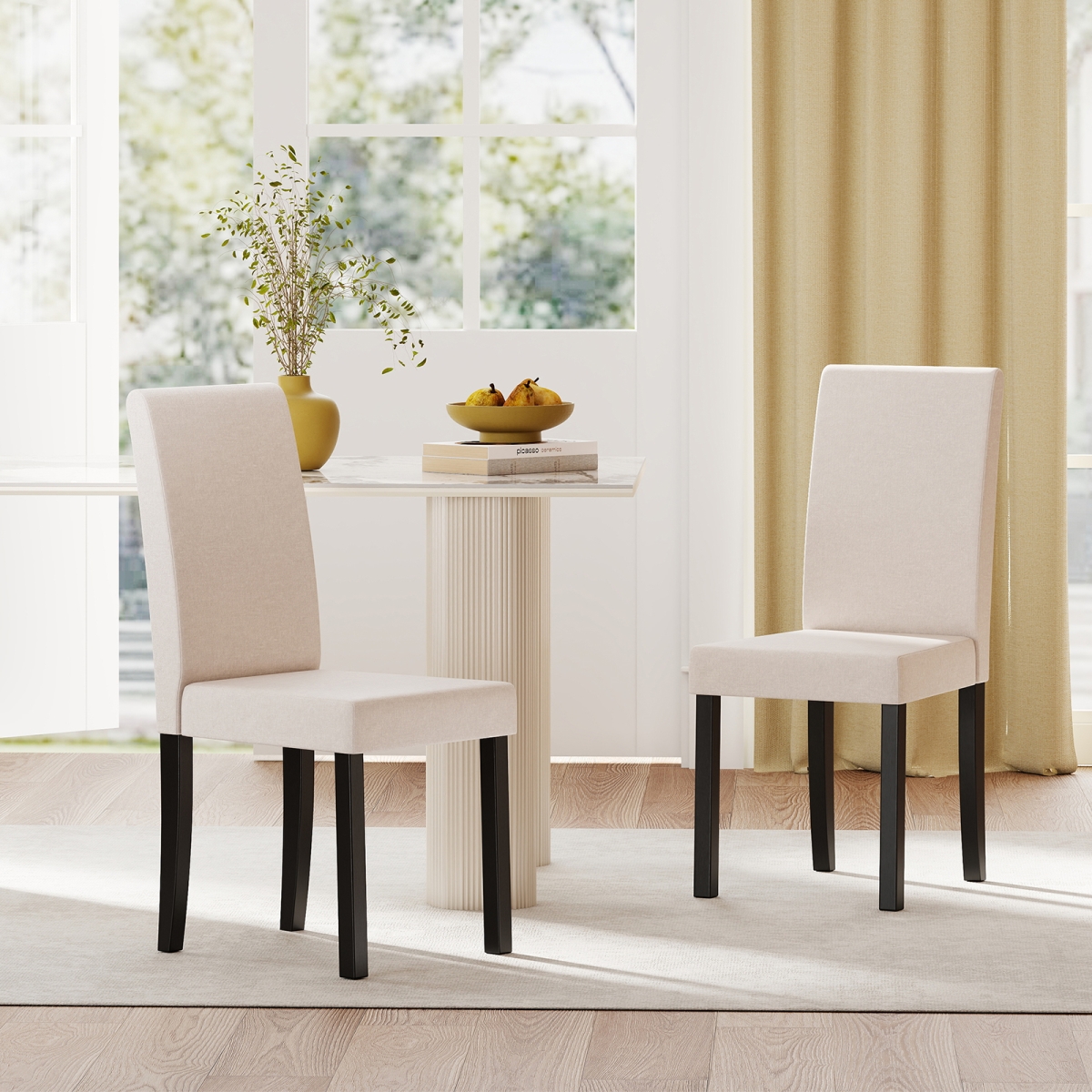 KC58604MS Dining Chair - Mid-Century Modern Fabric Upholstered Parson Chairs, Beige - Set of 2