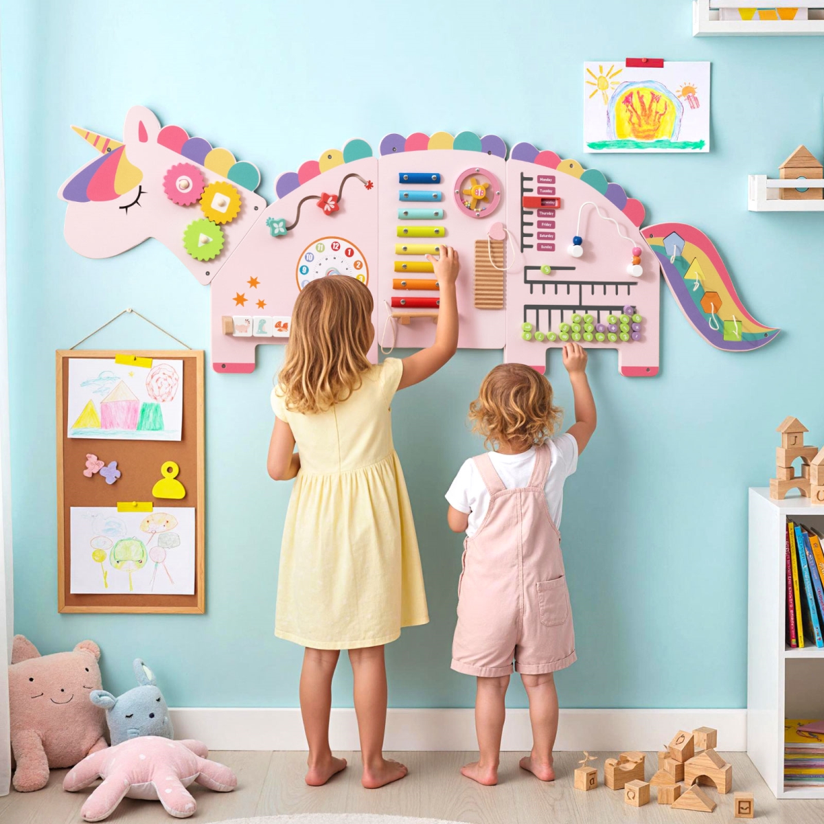 TM10148PI 11-in-1 Dinosaur Activity Wall Busy Board Panels for Toddlers Education & Early Development, Pink