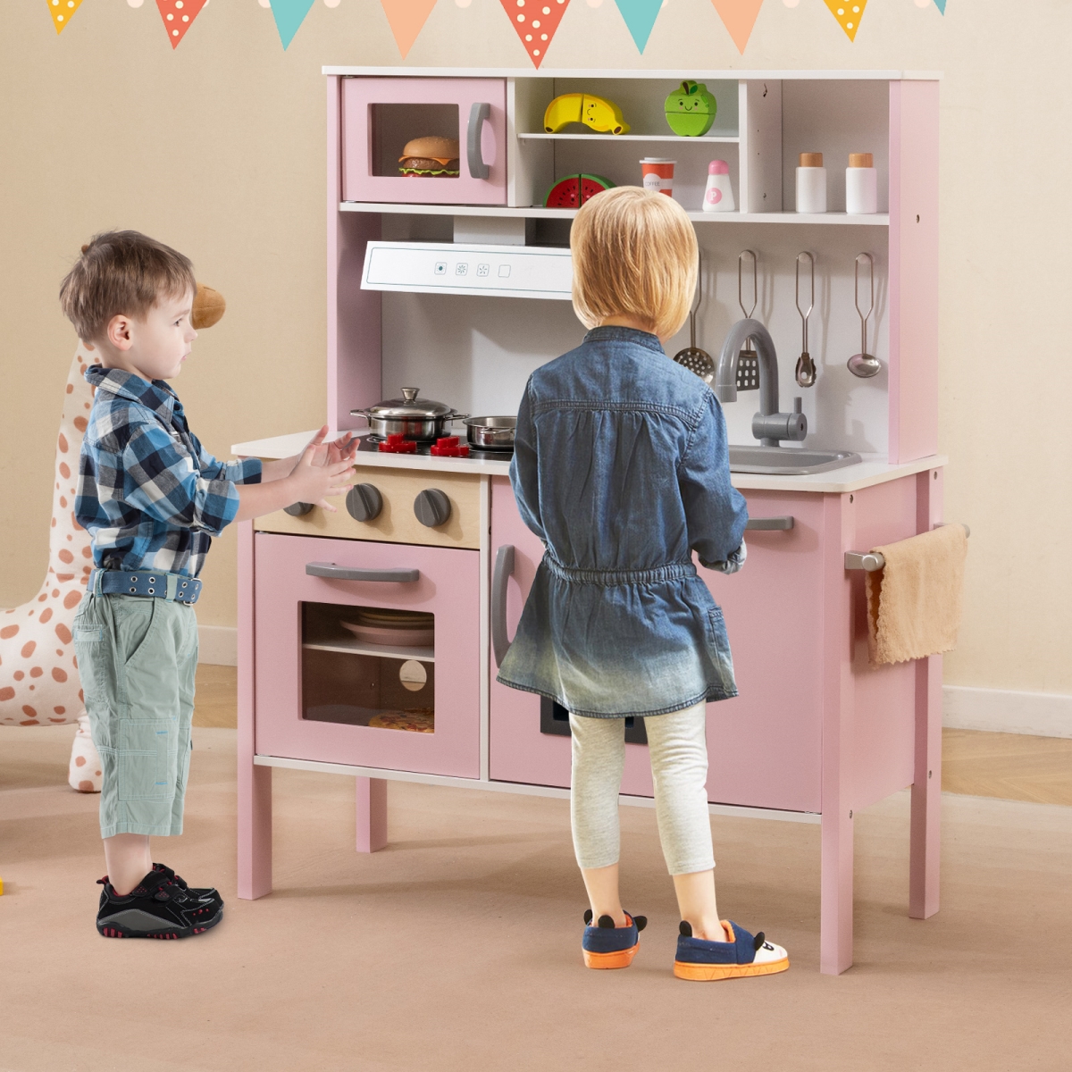 TP10125LTPI Wooden Pretend Play Kitchen Set for Toddlers, White & Pink
