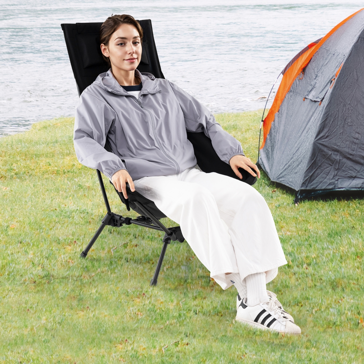 NP12487BK High Back Portable Camping Chair with Compact Carry Bag & Pillow, Black