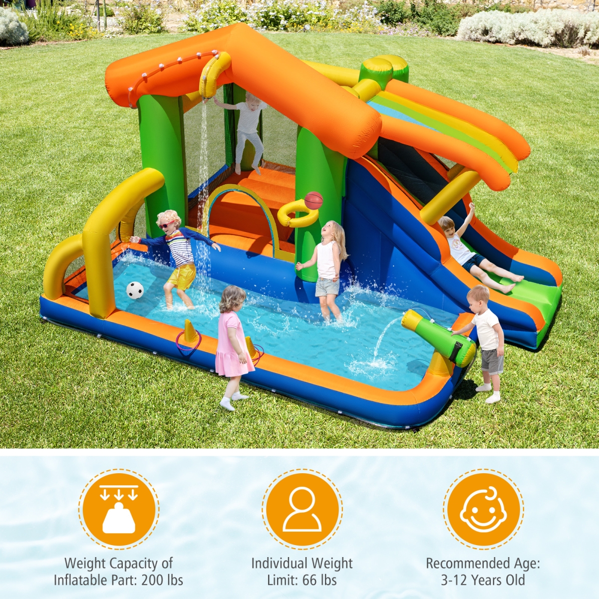 NP12495-EP24682 Inflatable Bounce House Water Park with Slide & 480W Blower, Multi Color