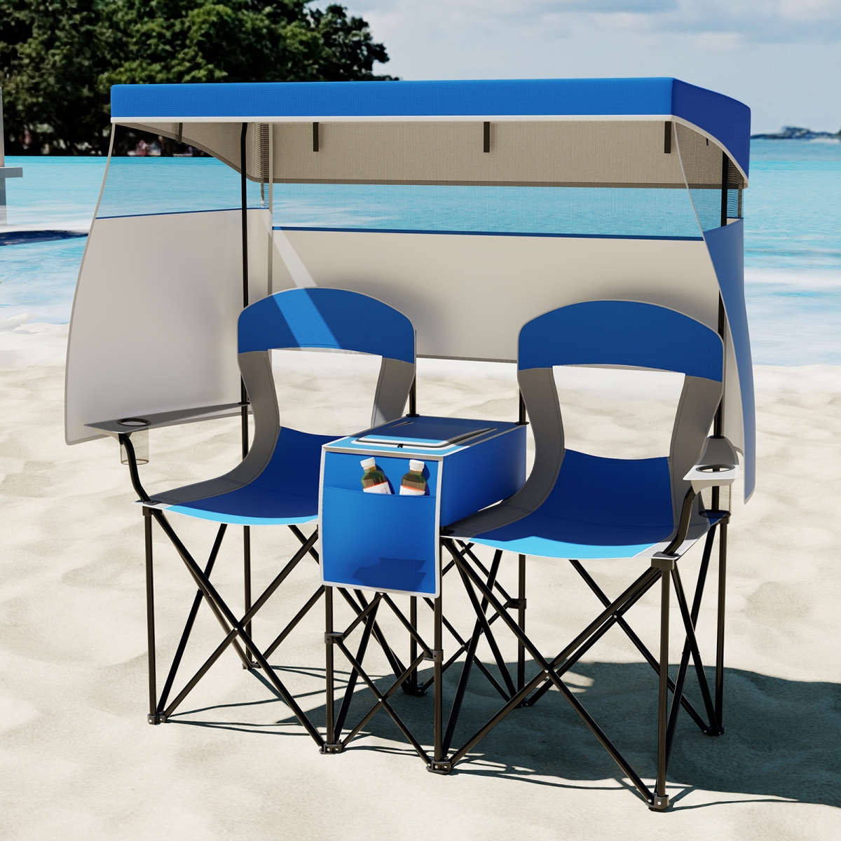 NP12644NY Double Beach Chair with Adjustable Canopy & 3 Side Shading Curtains, Navy