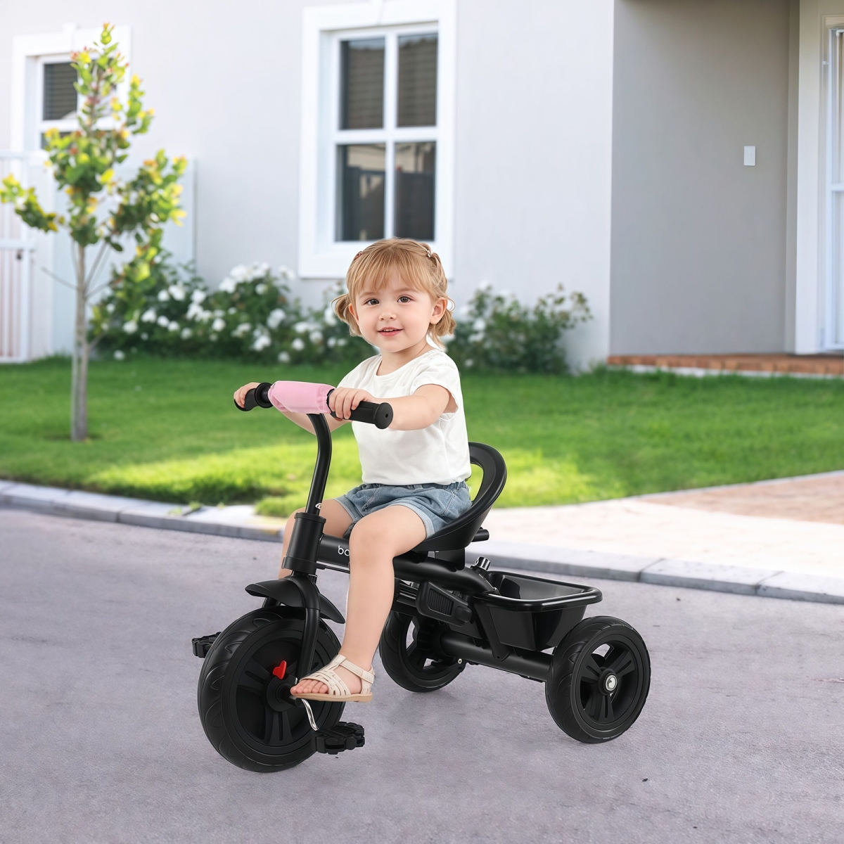 TQ10349PI 7-in-1 Baby Stroller Tricycle with Adjustable Canopy & Foldable Footrests for Ages 9-60 Months Old, Pink
