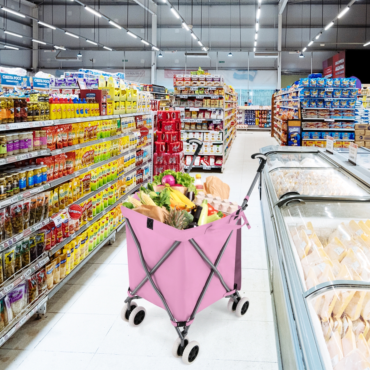 TA10025PI Folding Shopping Utility Cart with Water-Resistant Removable Canvas Bag, Pink