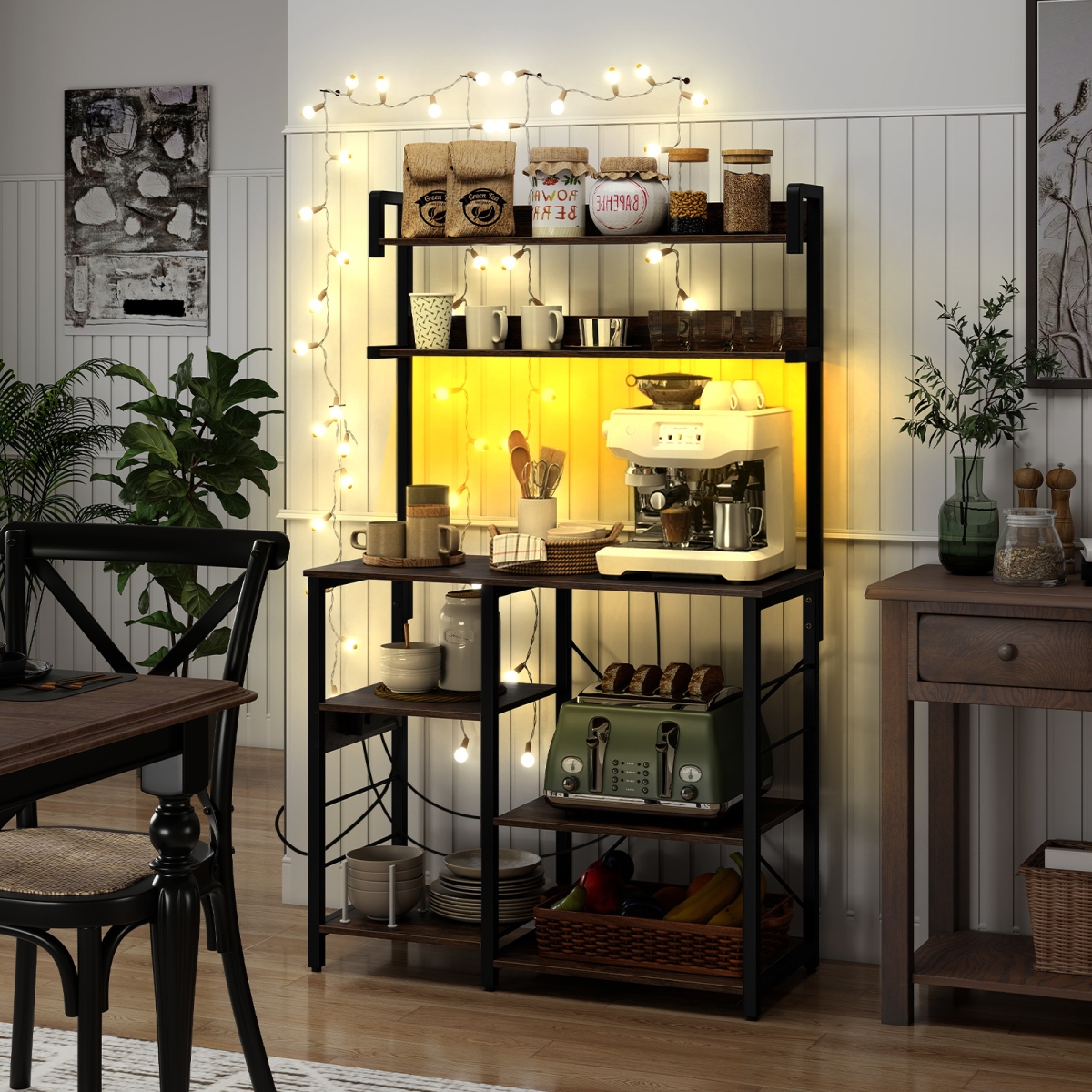 KC58140US-CF Kitchen Bakers Rack with Power Outlet 5-Tier Microwave Oven Stand with LED Lights, Rustic Brown