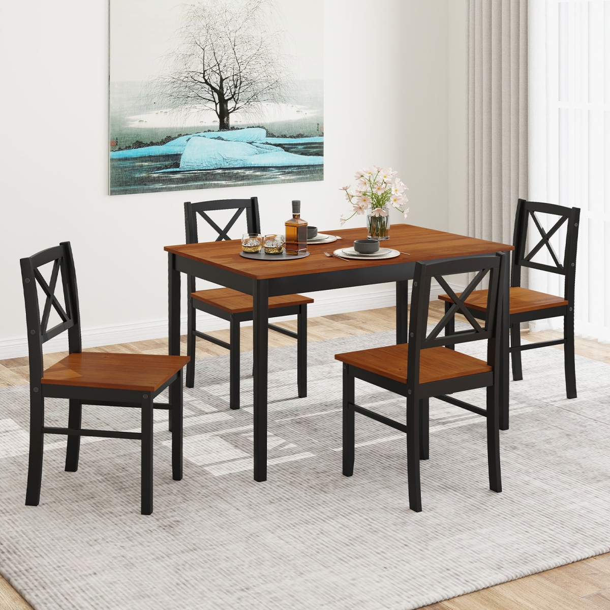 KC58439CF Dining Table Set with Rectangular Kitchen Table & 4 Chairs for 4 People, Coffee - 5 Piece