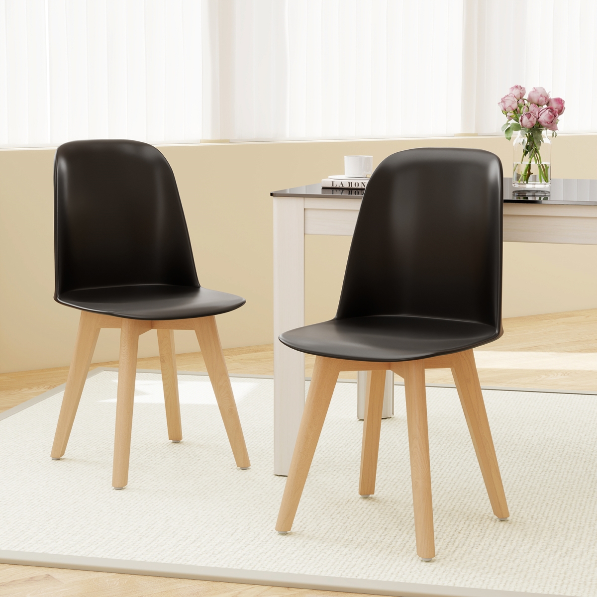 KC58457DK-2 Modern Dining Chair with Solid Beech Wood Legs & Tilt Backrest, Black - Set of 2