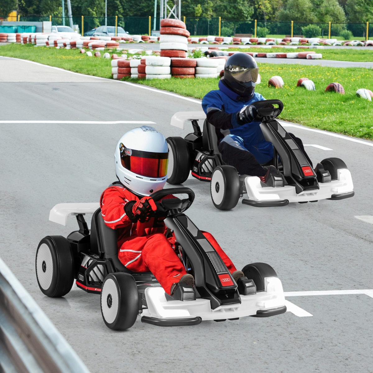 TQ10287US-WH 24V Kids Go Kart Licensed Audi Adjustable Ride-on Racing Toy with Horn, Black & White