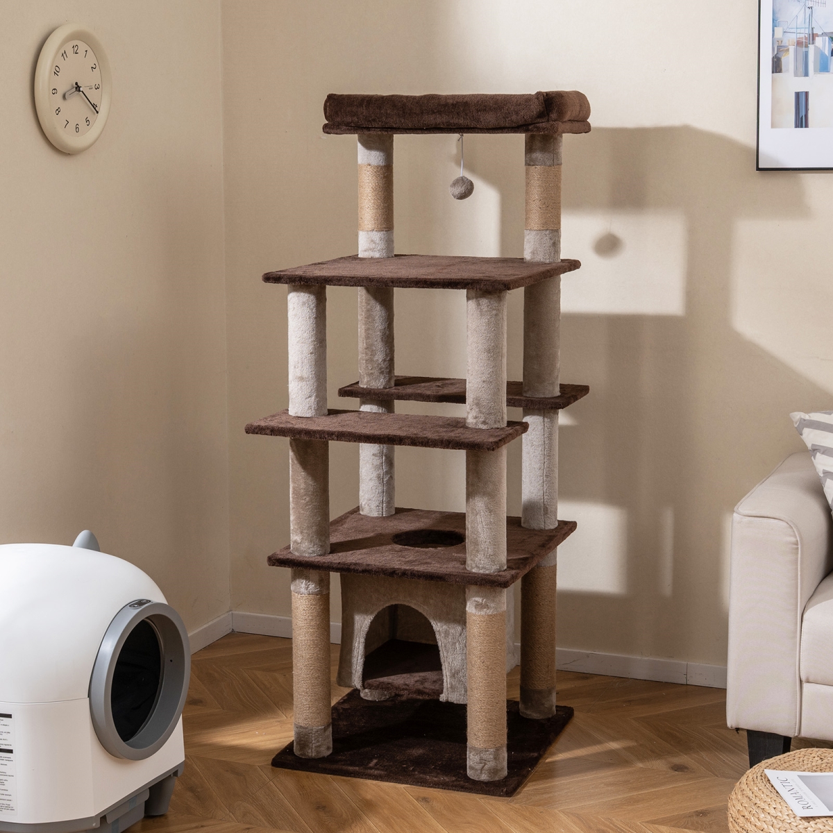 PV10402BN 58 in. Large Multi-level Cat Tree with Swaying Aerial Condo & Plush Perch Bed, Brown