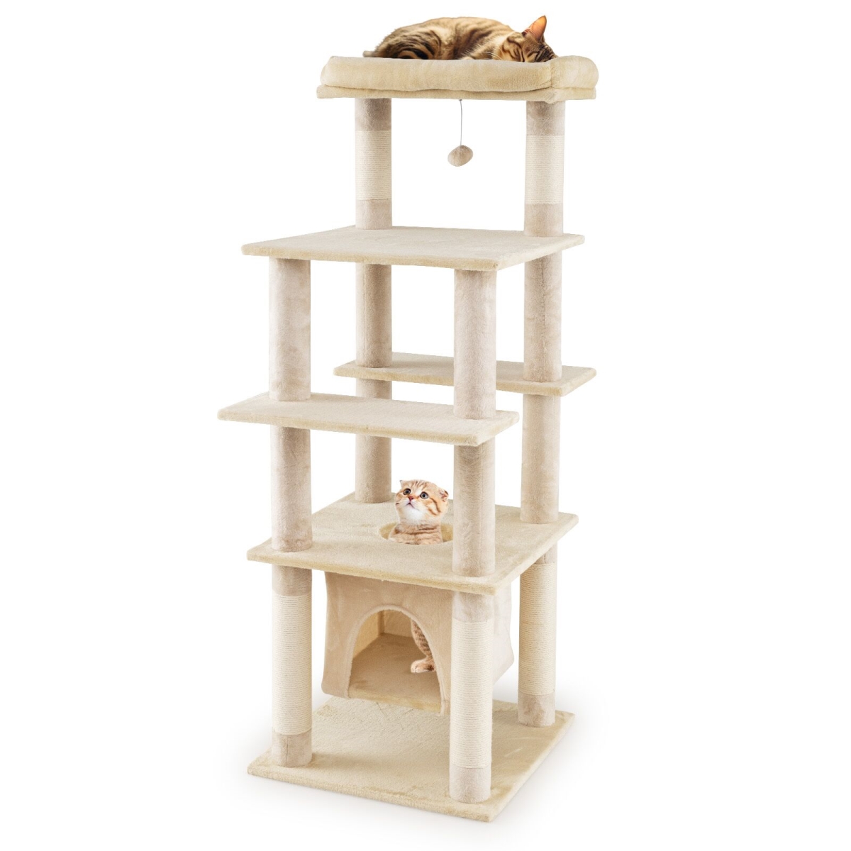 PV10402MS 58 in. Large Multi-level Cat Tree with Swaying Aerial Condo & Plush Perch Bed, Beige