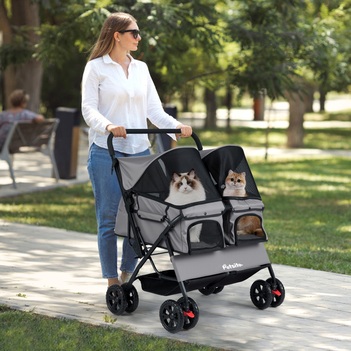 Costway Foldable Double Pet Stroller with Adjustable Sunshade & Storage Basket Gray