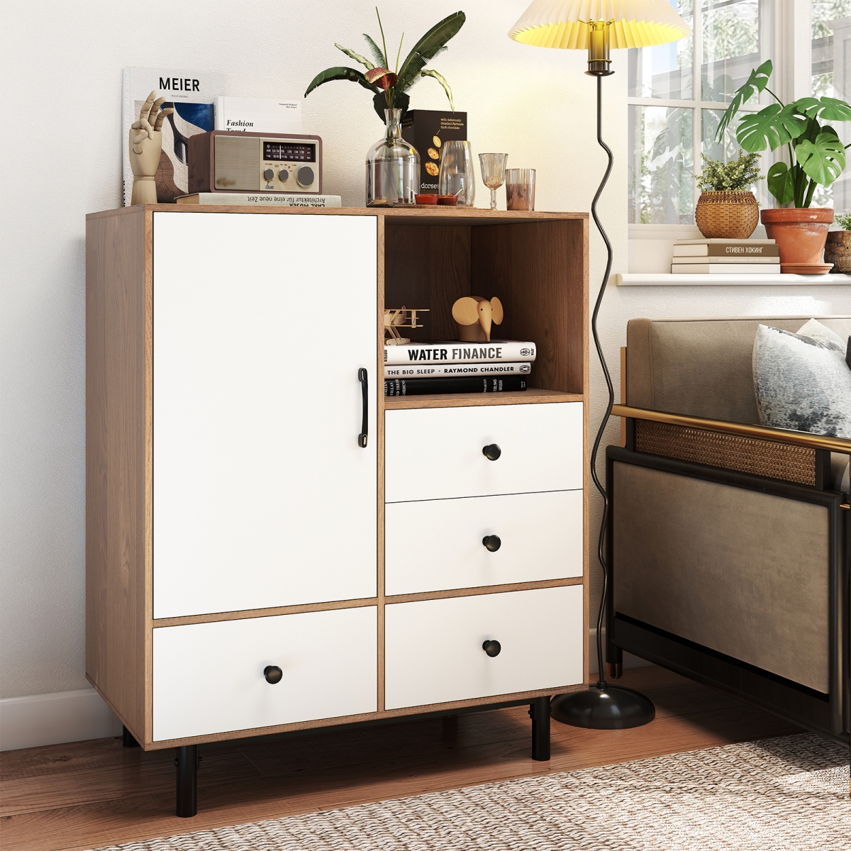 JV12677NA Buffet Sideboard Mid Century Modern Storage Cabinet with 4 Drawers & Open Compartment, Natural